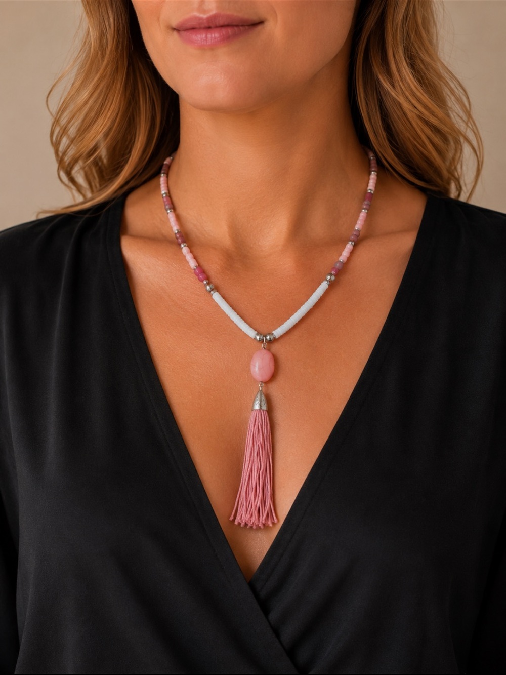 Pink and White Beaded Boho Tassel Necklace